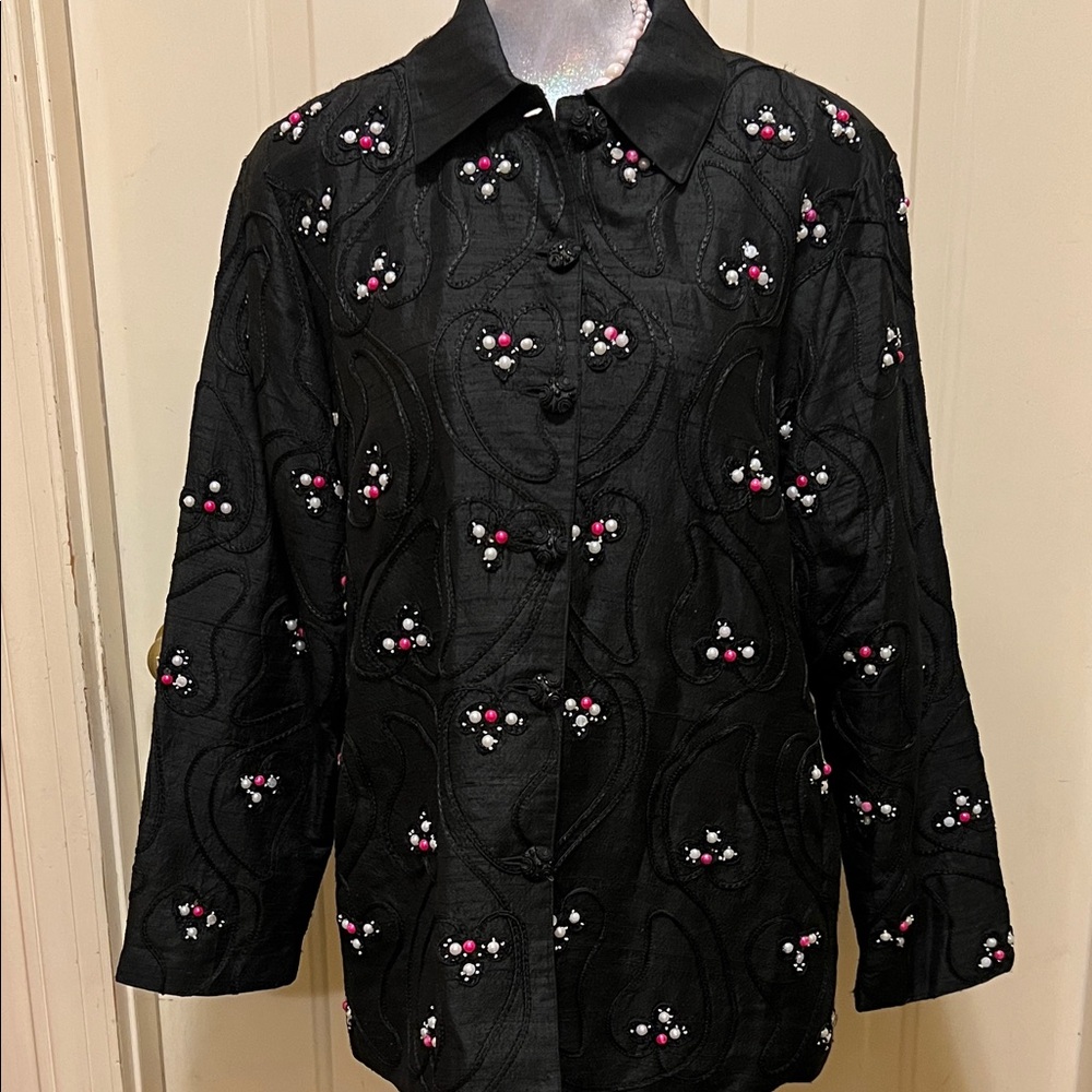 Anage L Black Silk Beaded Jacket